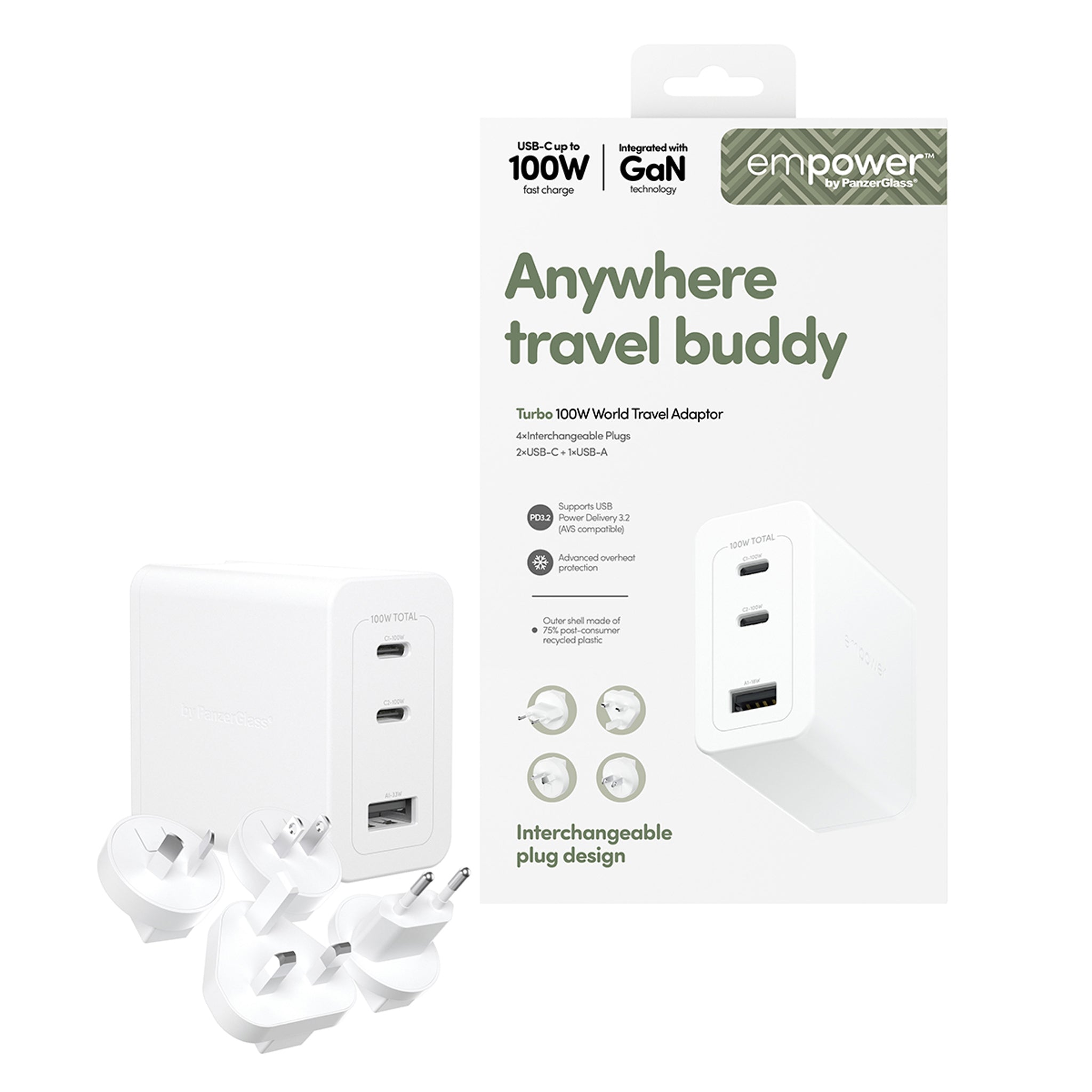 empower™ by PanzerGlass® Turbo 100W World Travel Adaptor incl. 2 x USB-C + USB-A | Silver White